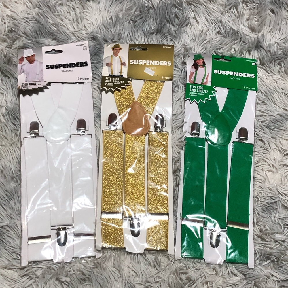 Amscan Suspenders Lot of 3 White Gold Green One Size NWT Costume Dress Up Party